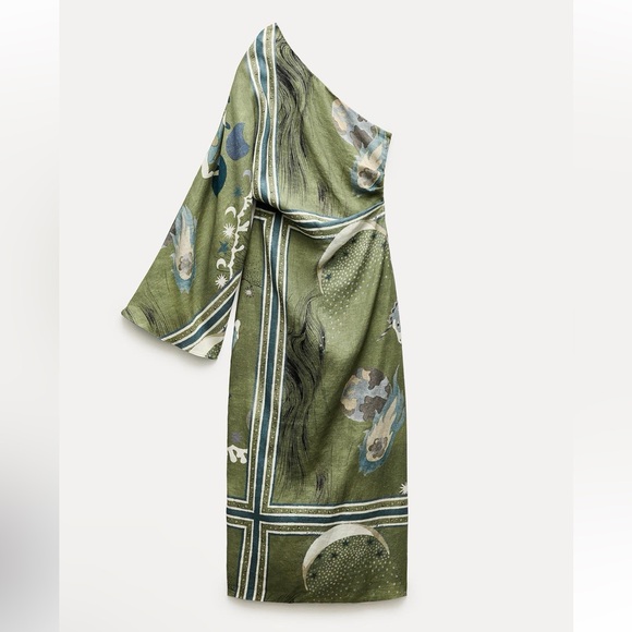 ZARA- one shoulder linen printed asymmetric dress- size XS- NWT - Picture 3 of 7